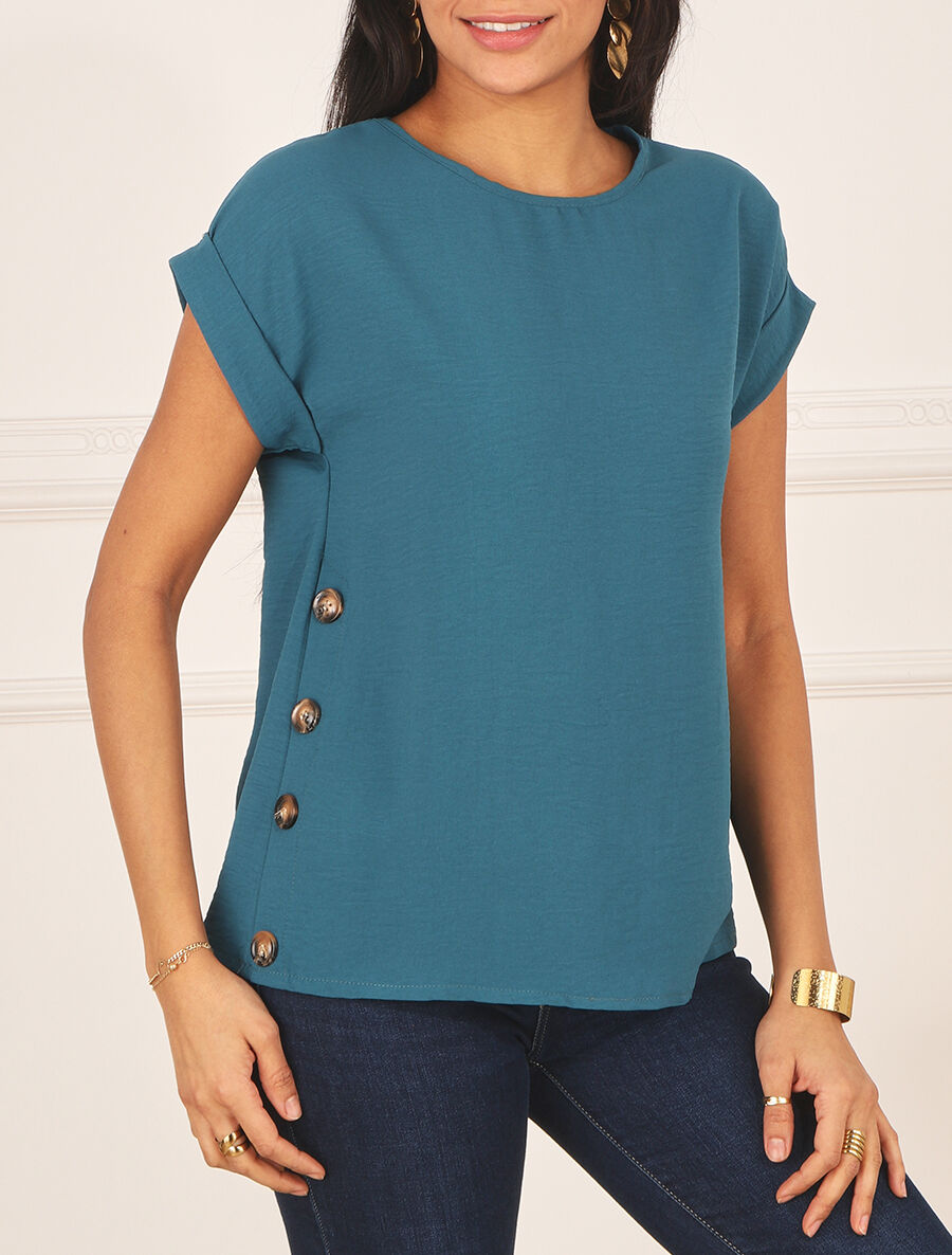 Top fluide uni boutonné à manches courtes - Bleu canard - 4