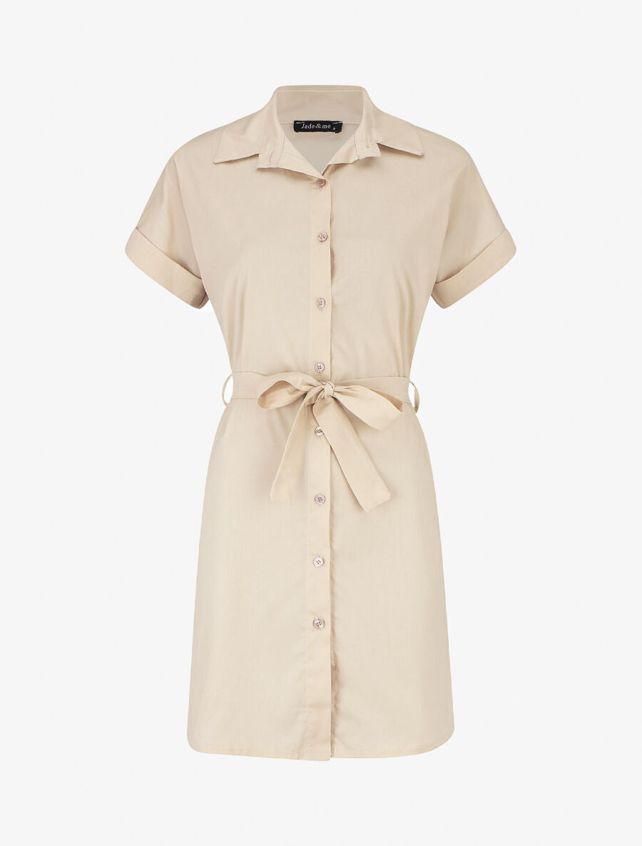 Robe chemise courte unie manches courtes - Beige - 1