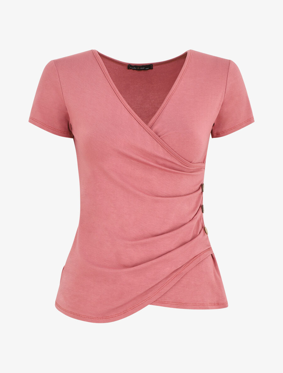 Top manches courtes uni col cache-coeur - Vieux rose - 4