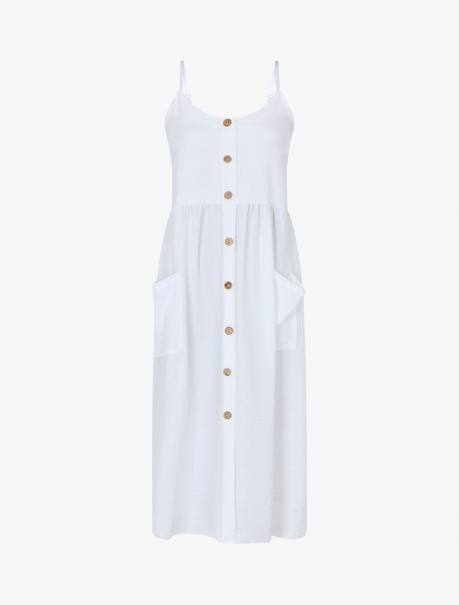 Robe longue boutonnée unie à fines bretelles - Blanc - 1