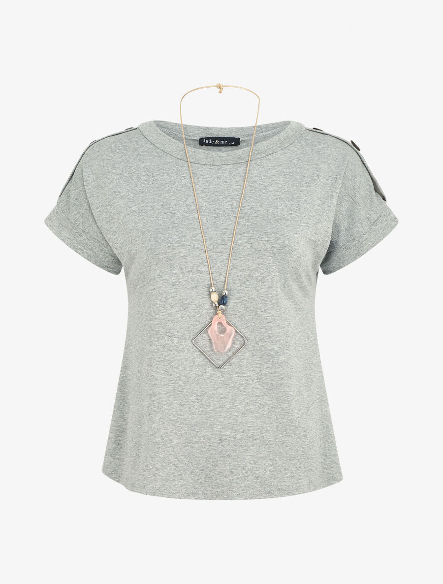 T-shirt uni manches courtes à boutons - Gris chiné - 5
