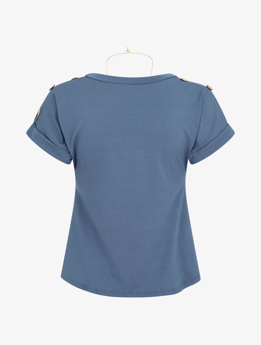 T-shirt uni manches courtes à boutons - Bleu - 2
