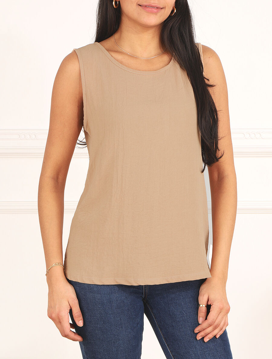 Top droit sans manches uni dos en V - Beige - 4
