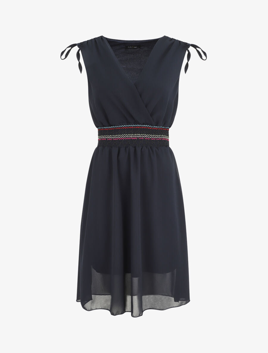 Robe mi-longue sans manches taille élastiquée stylisée - Marine - 1