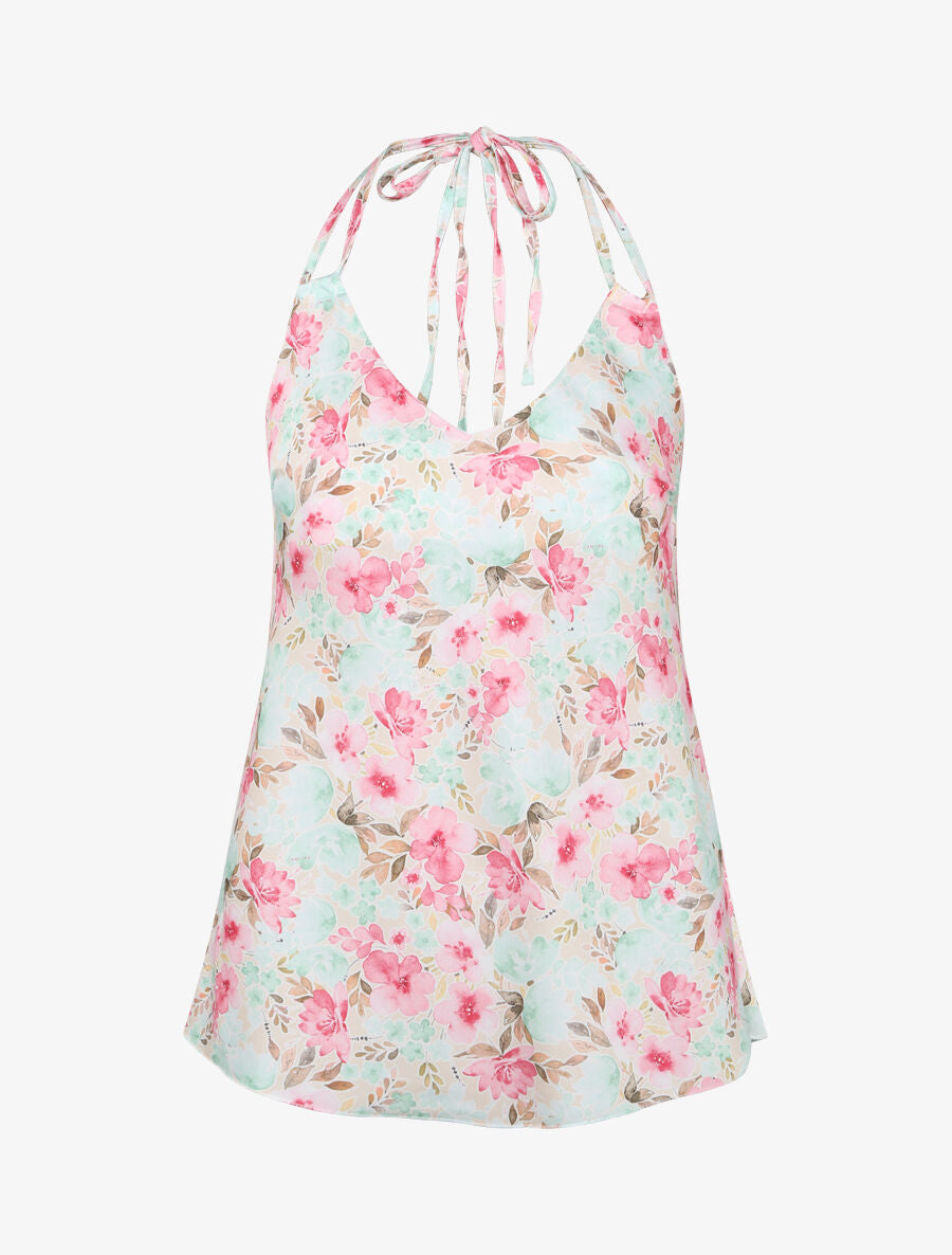 Top satiné à dos nu et imprimé floral style aquarelle - Beige - 1