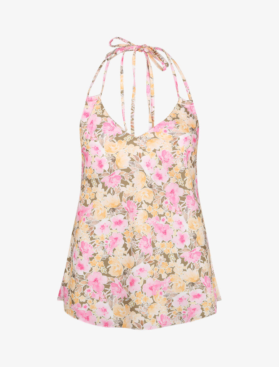 Top satiné à dos nu et imprimé floral style aquarelle - Kaki - 4
