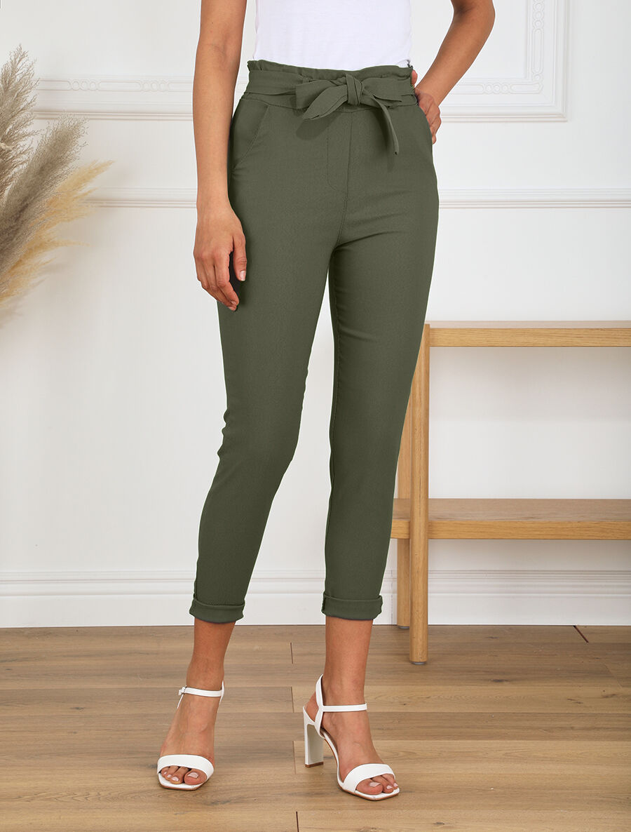 Pantalon paper bag slim taille haute - Kaki - 4