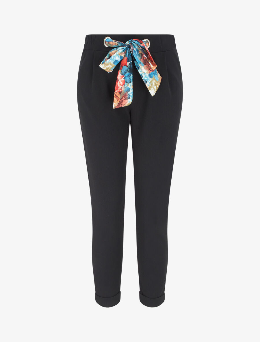 Pantalon slim à noeud fleuri - Noir - 1