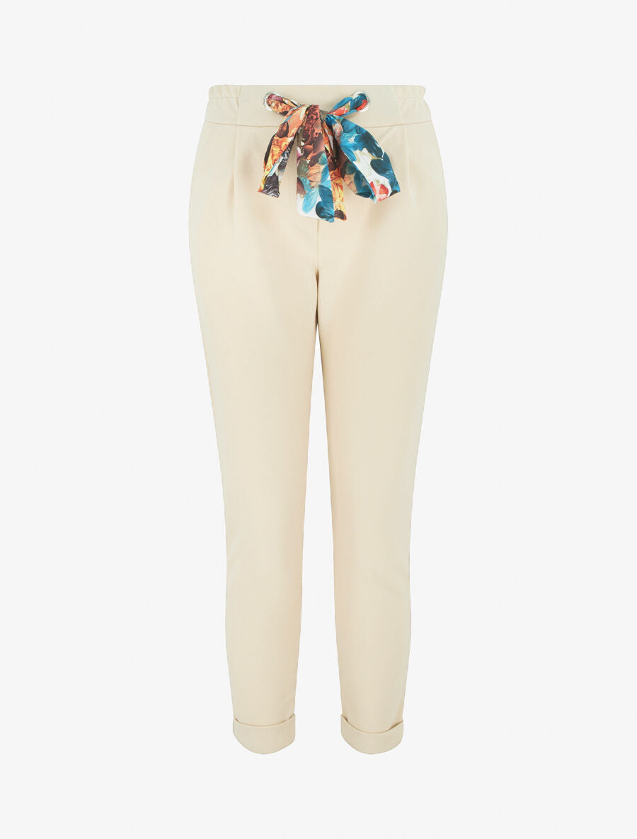 Pantalon slim à noeud fleuri - Beige - 1