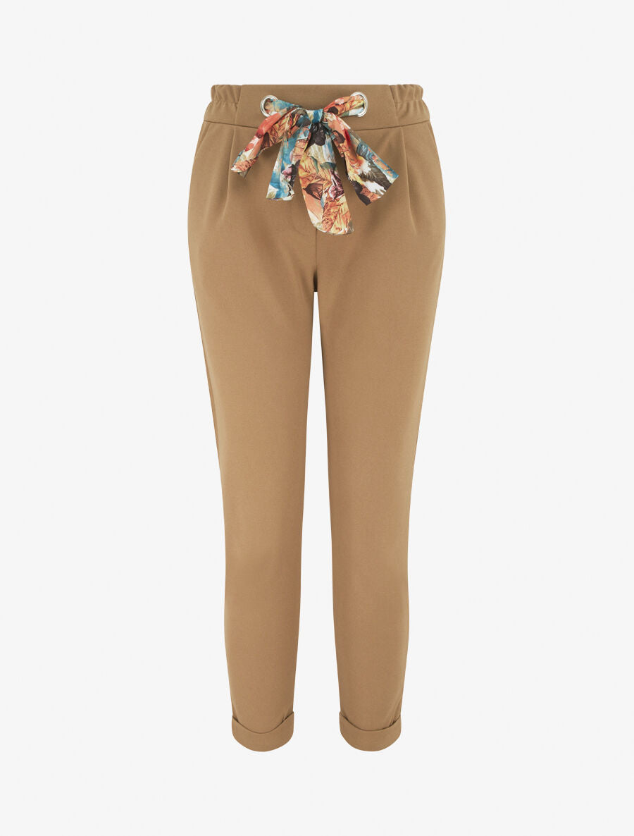 Pantalon slim à noeud fleuri - Camel - 1