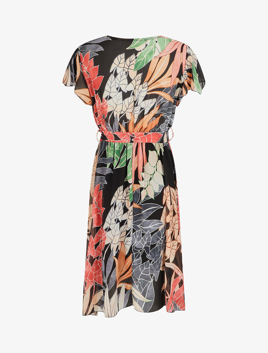 Robe en voile élastiquée à imprimé feuilles - Noir - 2