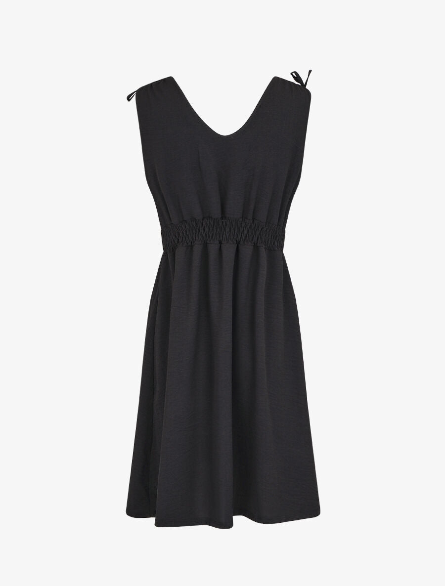 Robe uni à taille élastiquée - Noir - 2