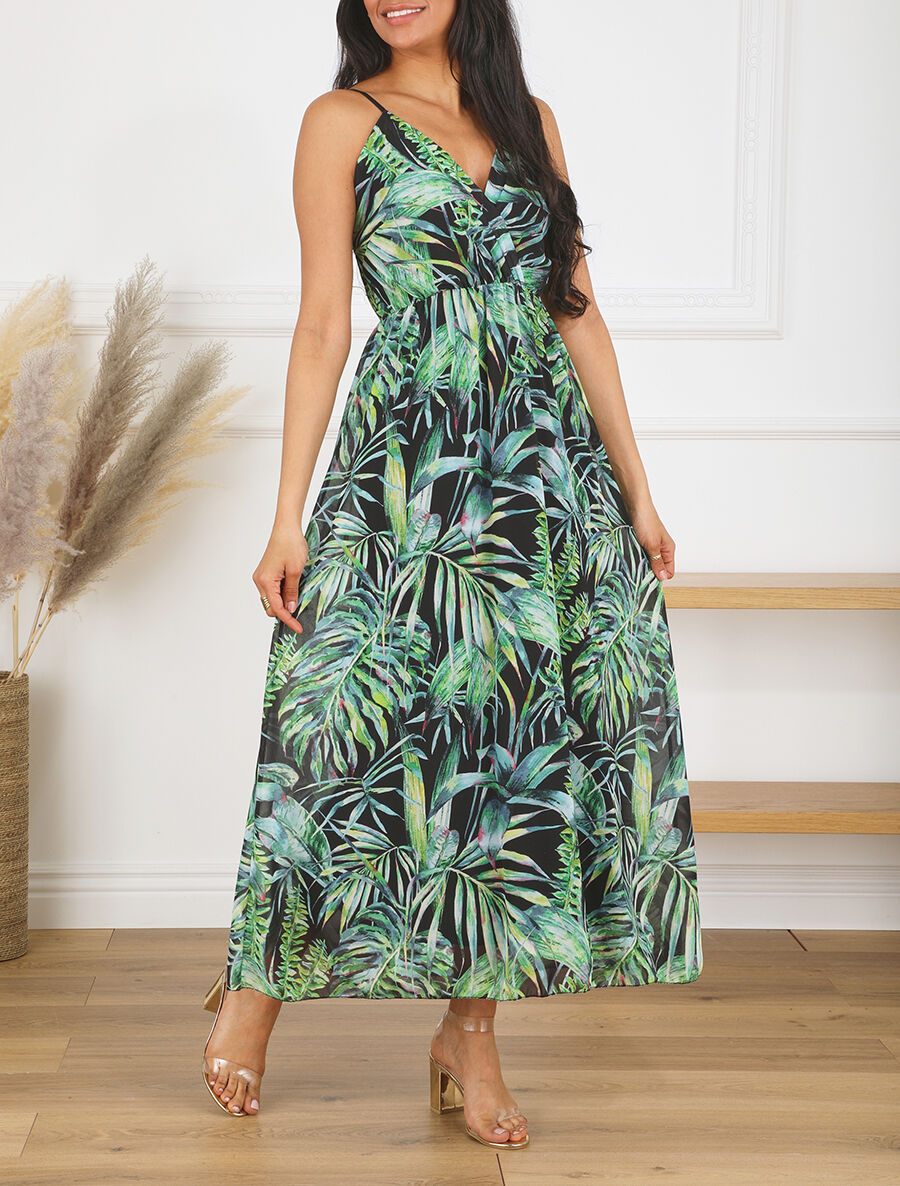 Robe longue à imprimé feuilles - Noir - 4