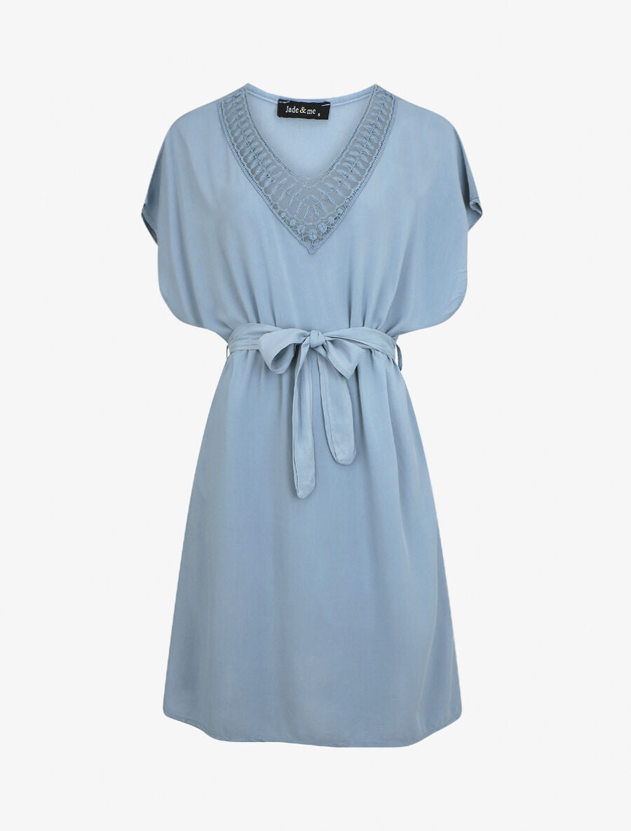 Robe droite unie ceinturée - Bleu ciel - 5