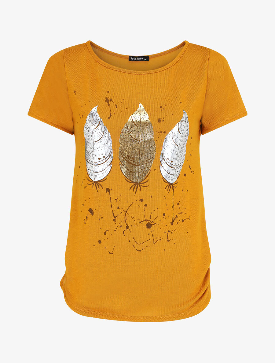 Top uni en maille fine à motif plumes irisées - Jaune moutarde - 5
