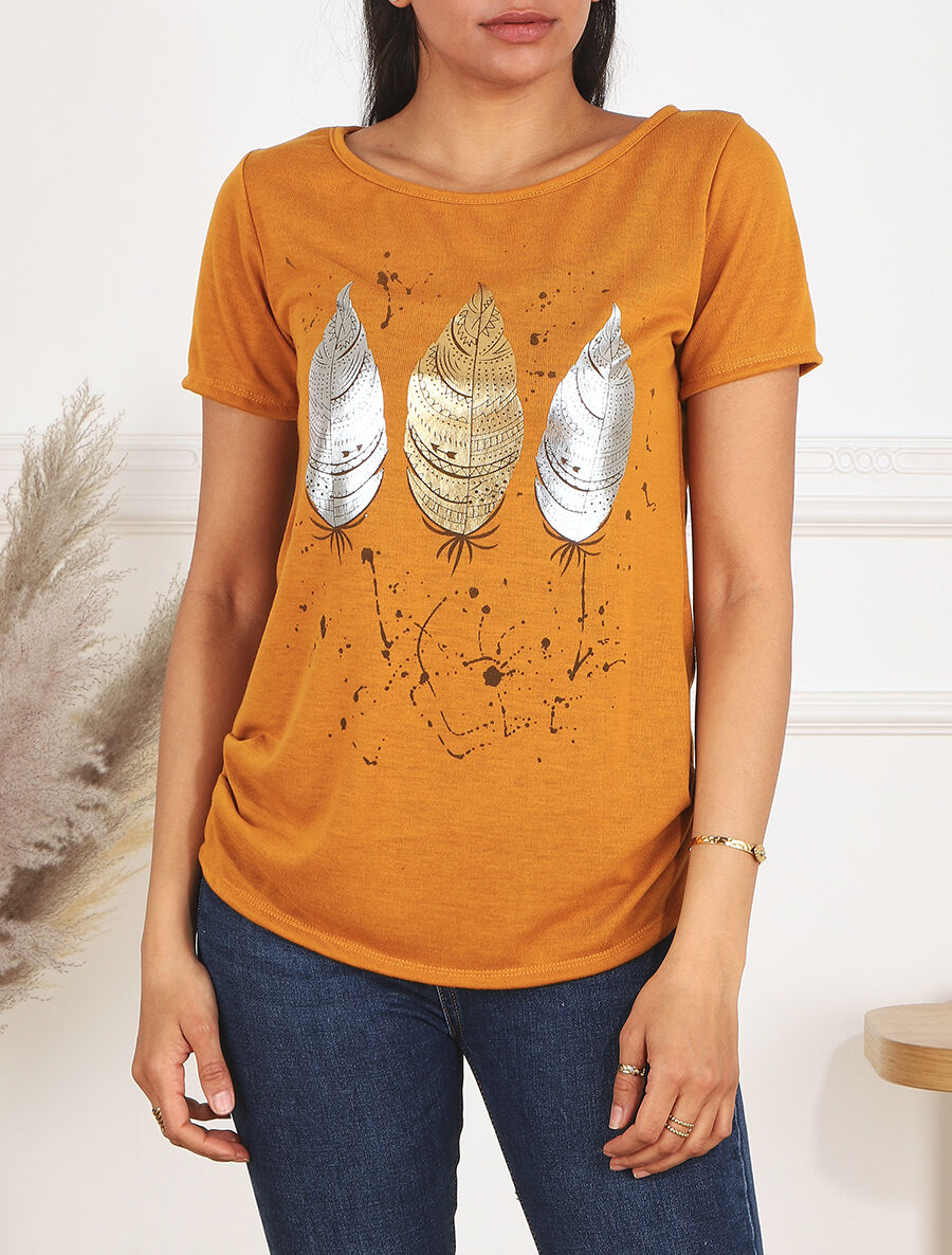 Top uni en maille fine à motif plumes irisées - Jaune moutarde - 4