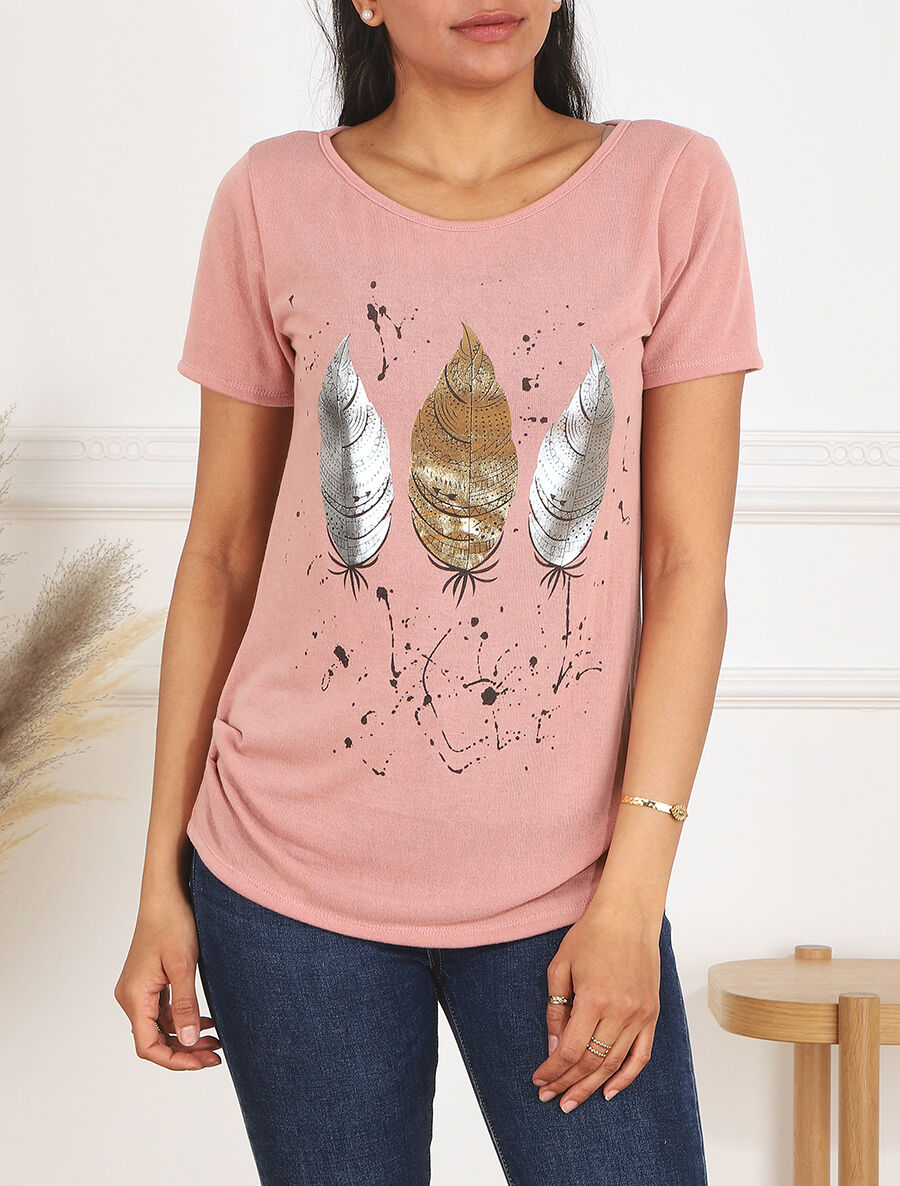 Top uni en maille fine à motif plumes irisées - Rose - 4