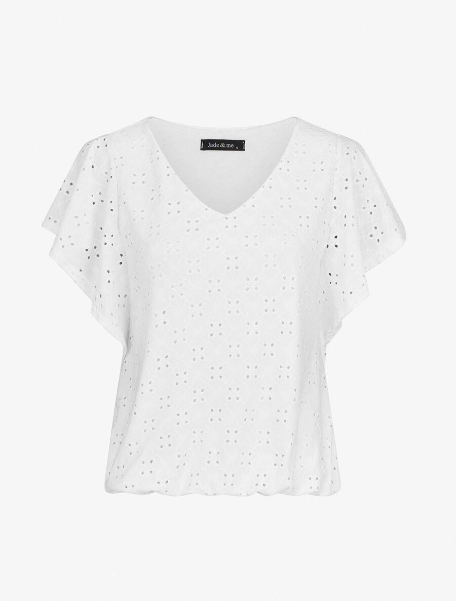 Top à manches volantées et broderies - Blanc - 5