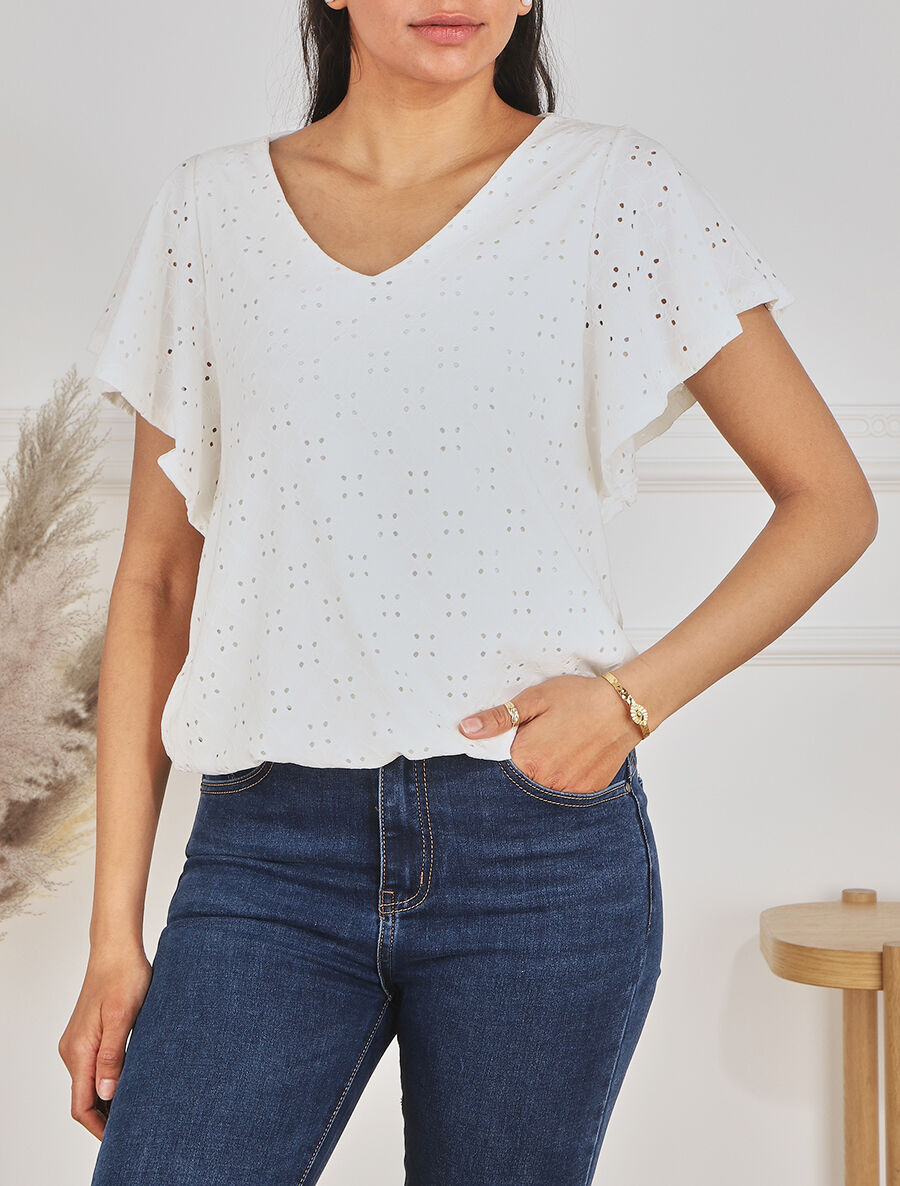 Top à manches volantées et broderies - Blanc - 4