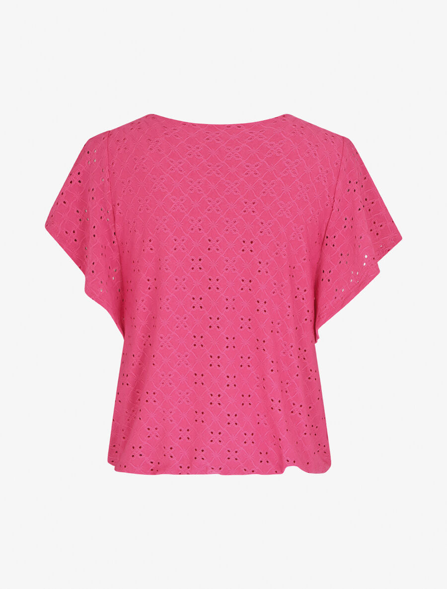 Top à manches volantées et broderies - Fushia - 2