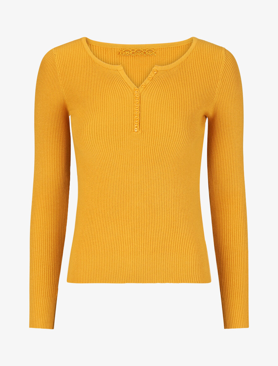 Pull côtelé manches longues - Moutarde - 1