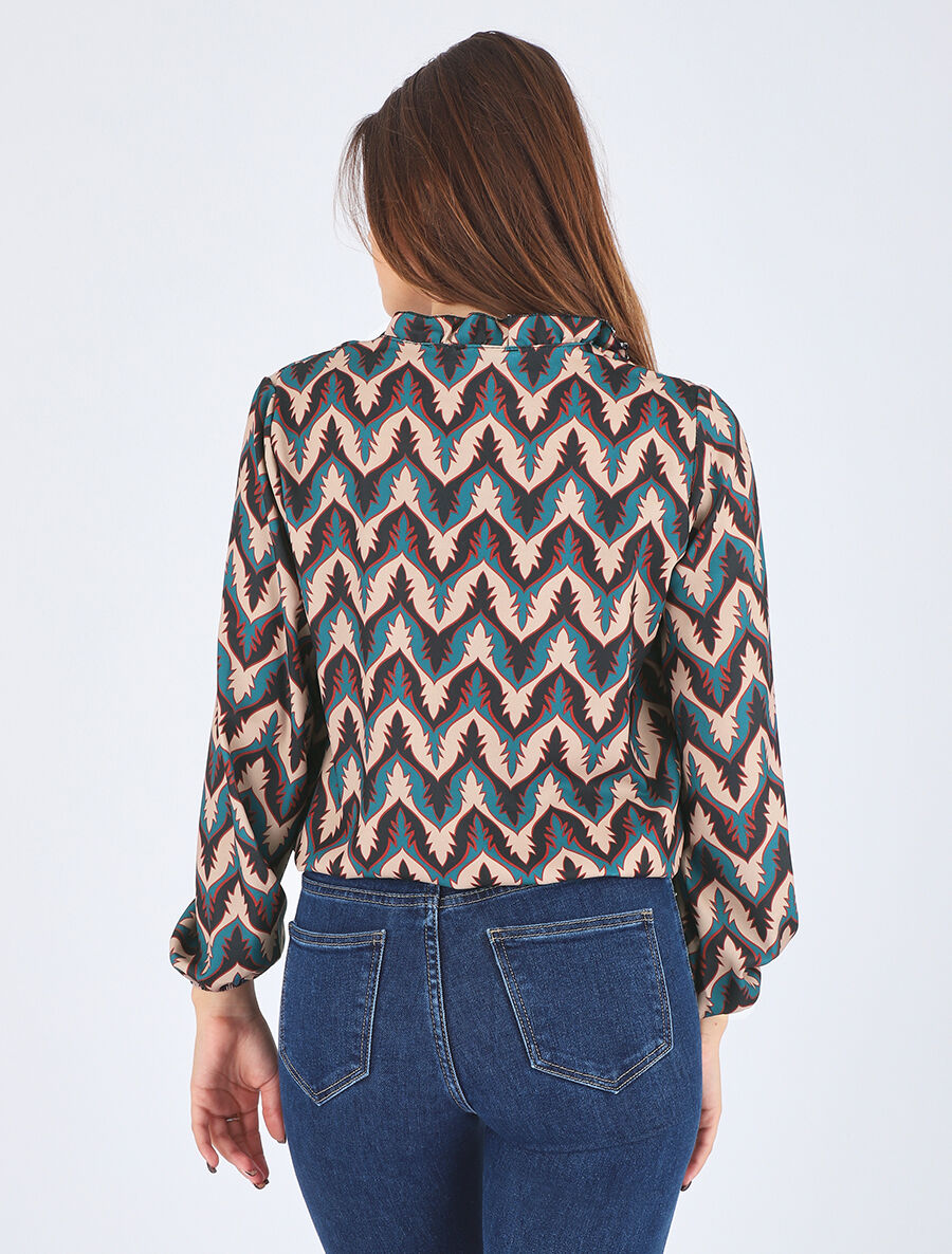 Top col volanté imprimé fantaisie - Bleu canard - 5