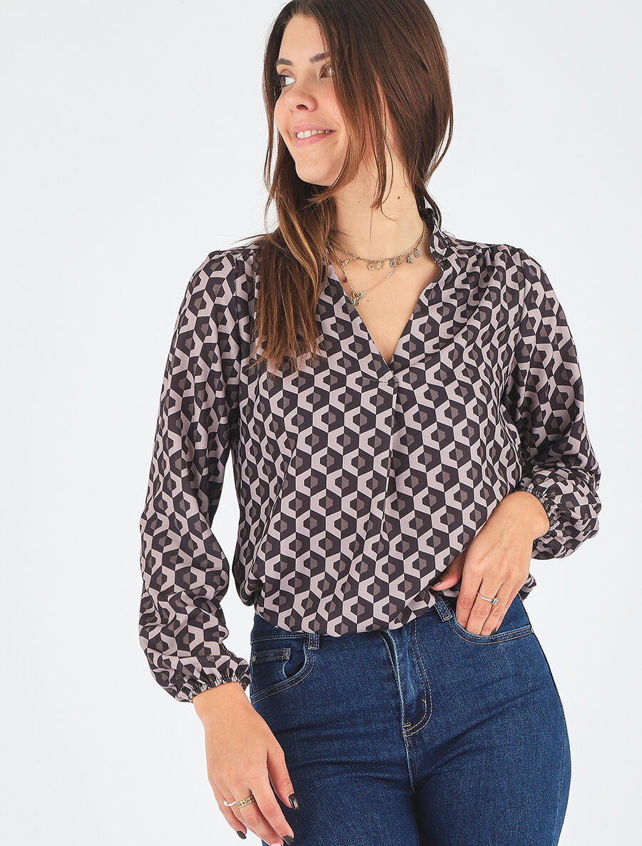 Top manches longues imprimé géométrique - Taupe - 5