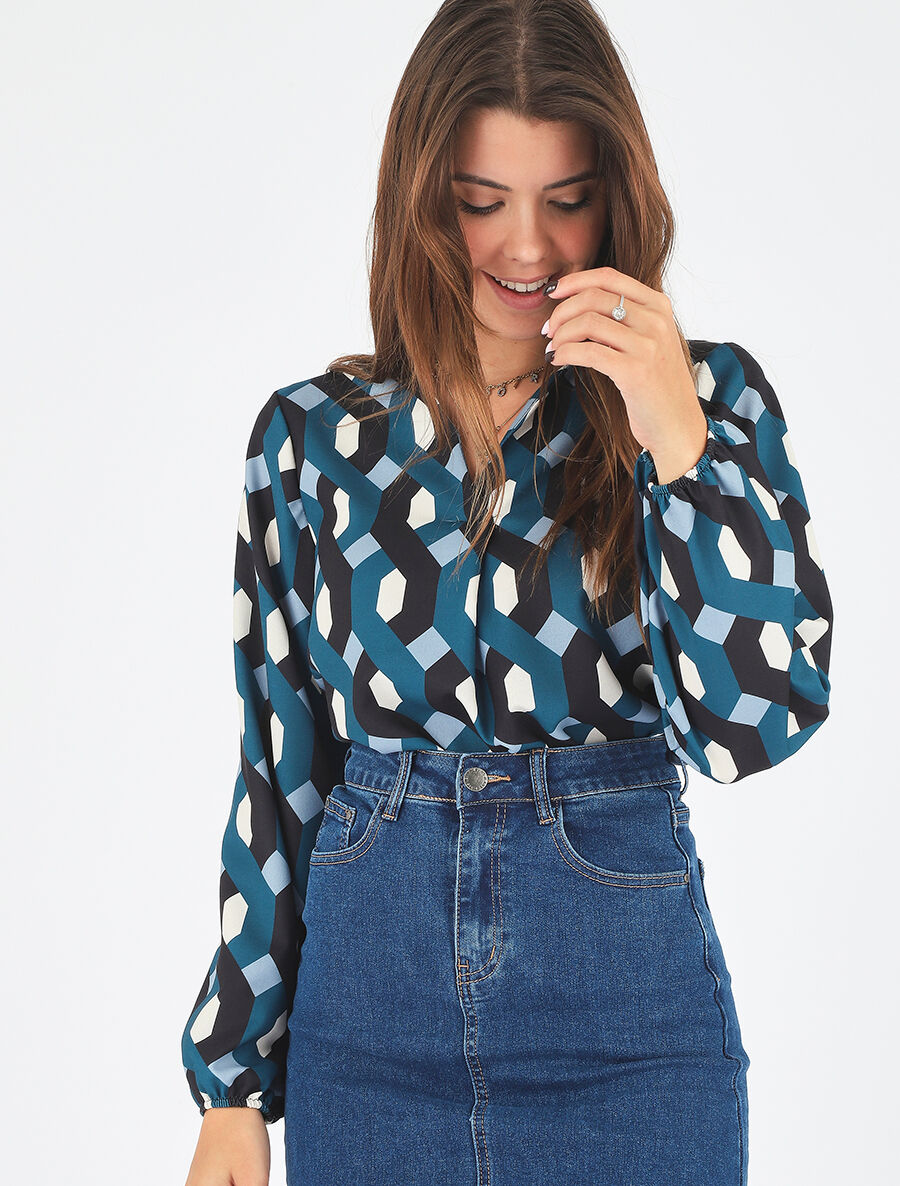 Blouse droite imprimé graphique - Bleu canard - 4