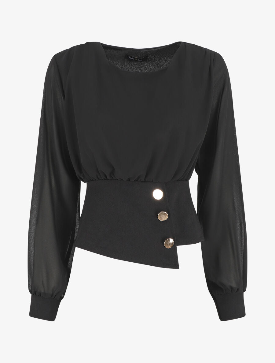 Top court drapé à manches longues - Noir - 6