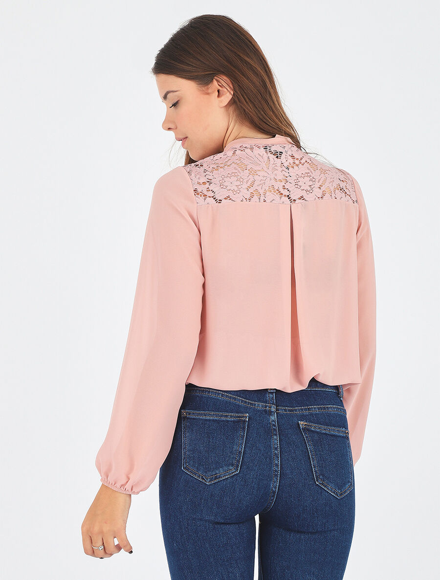 Top droit à dentelle et col lavallière - Rose - 6