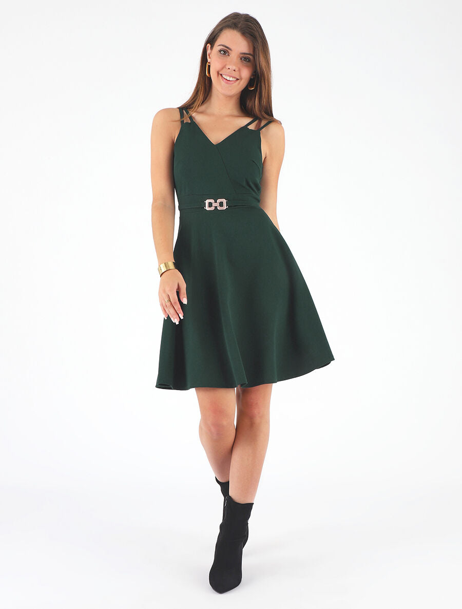Robe droite à empiècement métal - Vert sapin - 4