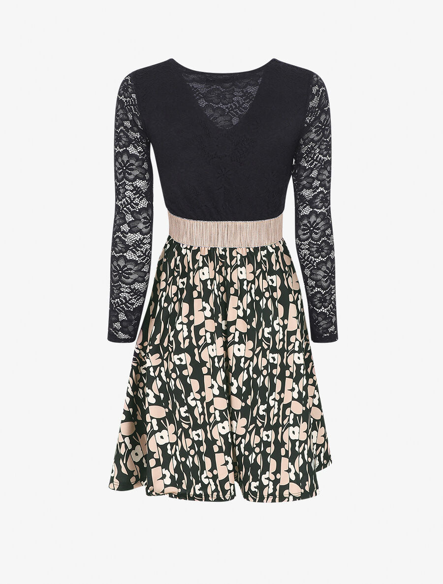 Robe à imprimé fantaisie et dentelle - Noir - 2
