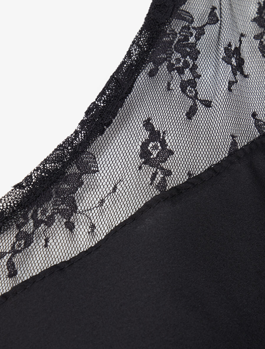 Top satiné à épaules en dentelle - Noir - 3