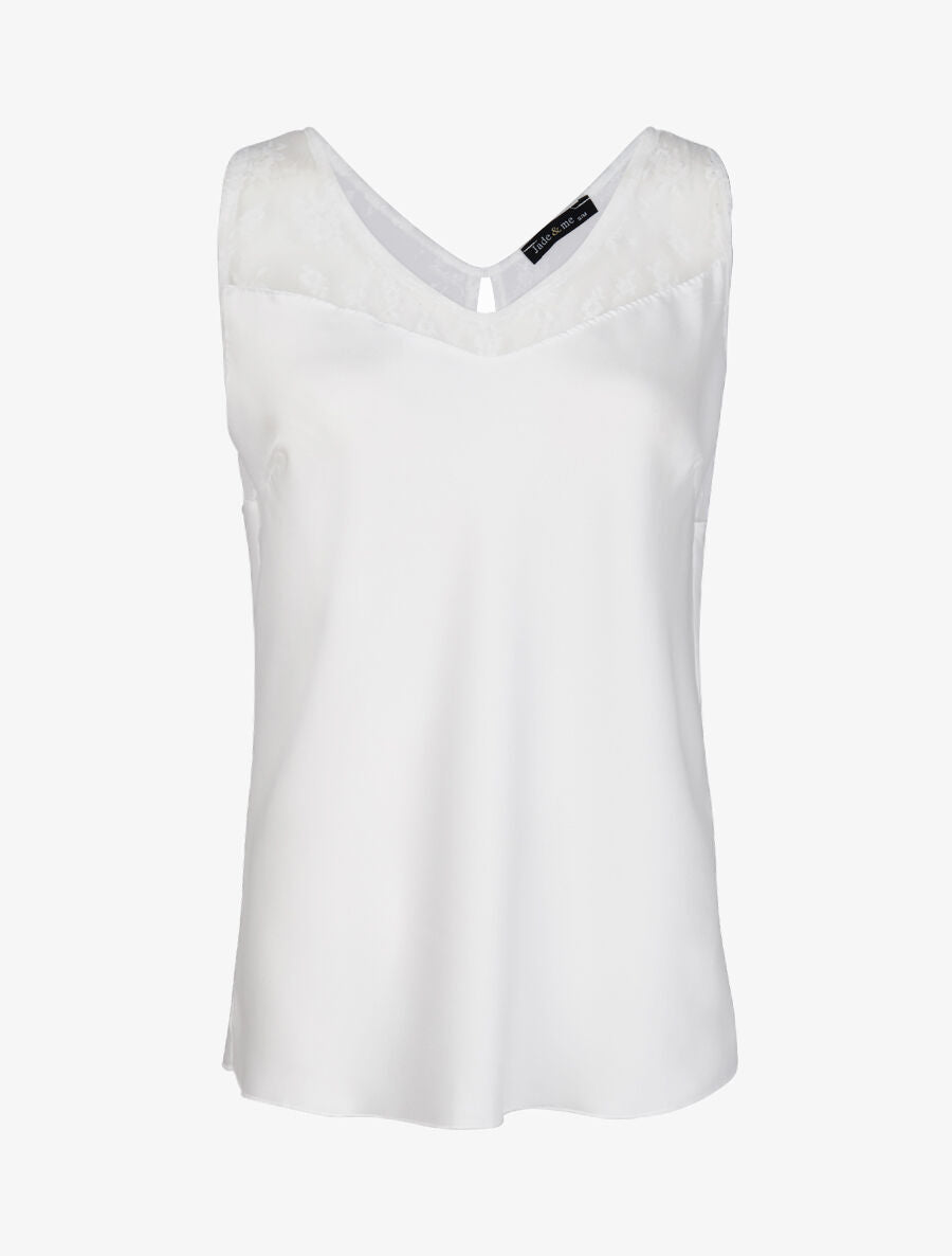 Top satiné à épaules en dentelle - Blanc - 4