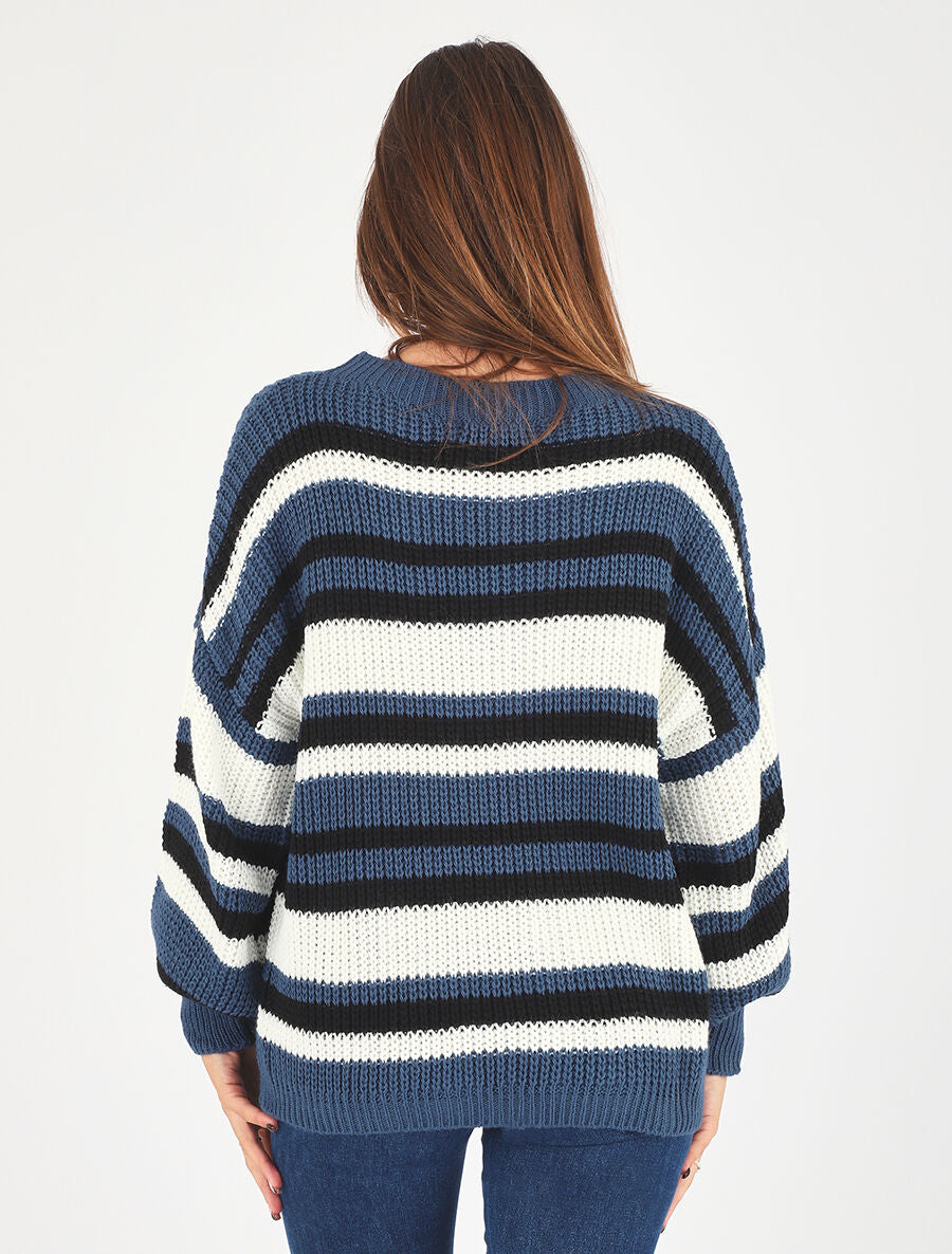 Pull loose à rayures - Bleu - 5