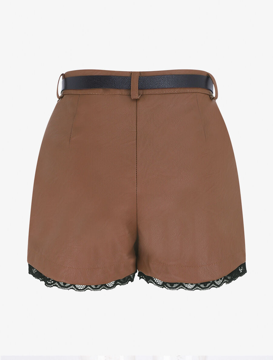 Short en simili à détail dentelle - Camel - 2