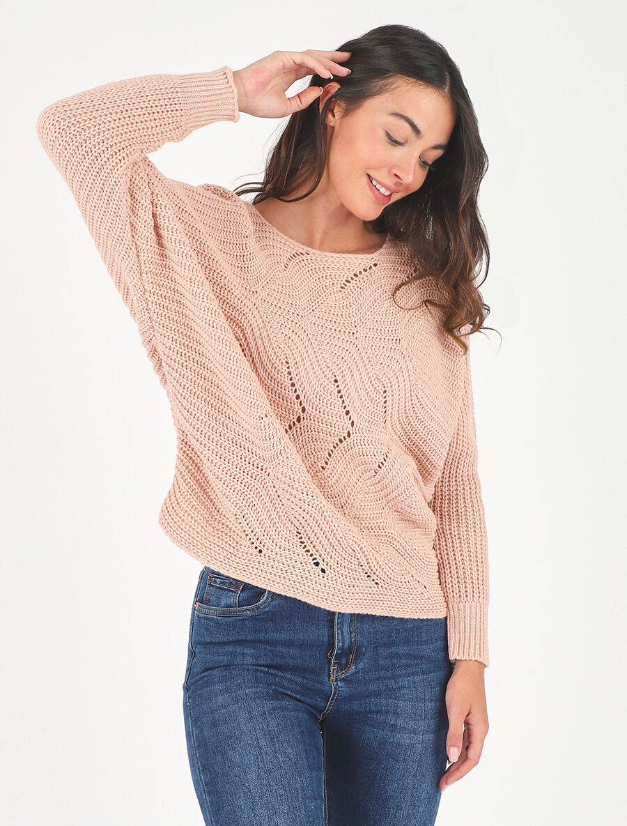 Pull ample uni maille fantaisie - Rose - 4