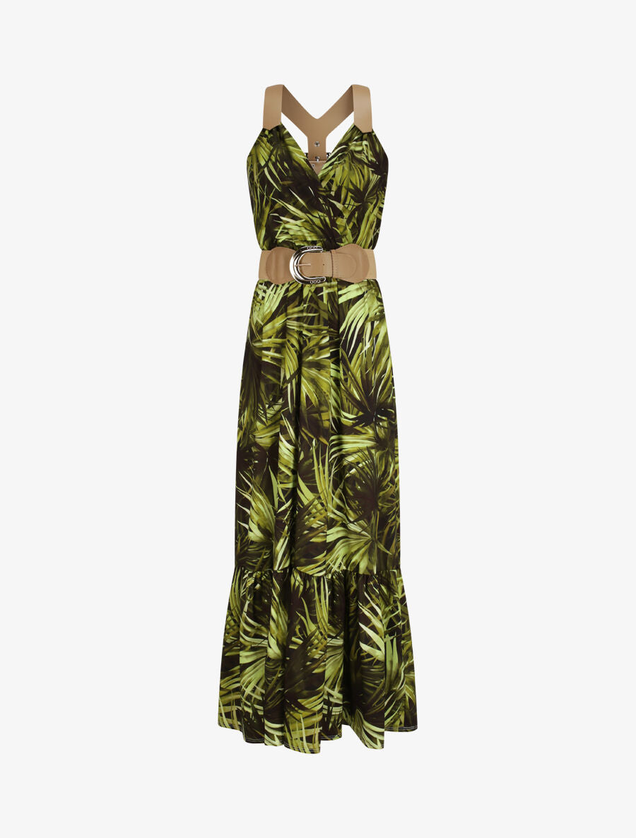 Robe longue coupe patineuse imprimé feuilles tropicales à bretelles en simili - Noir - 1