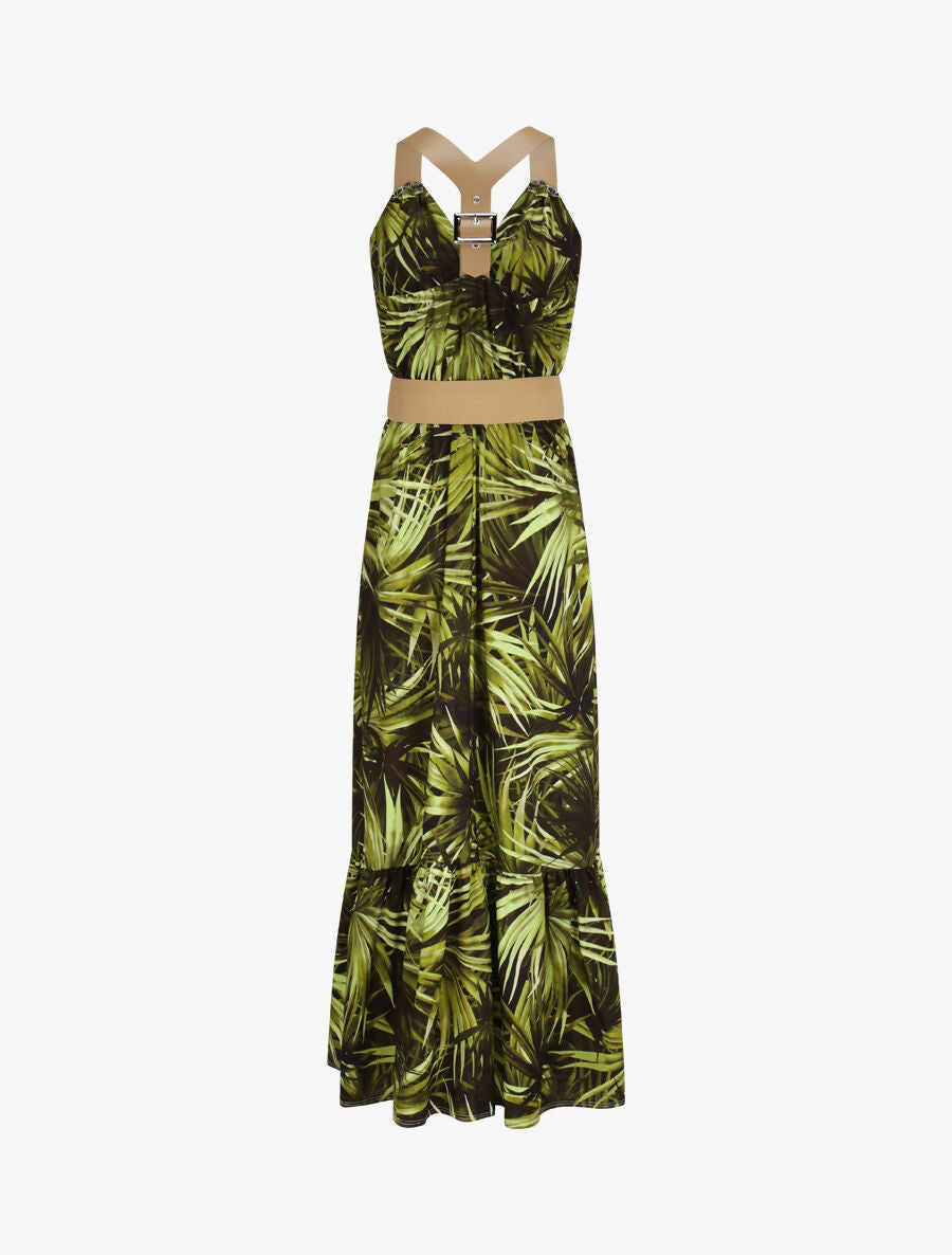 Robe longue coupe patineuse imprimé feuilles tropicales à bretelles en simili - Noir - 2