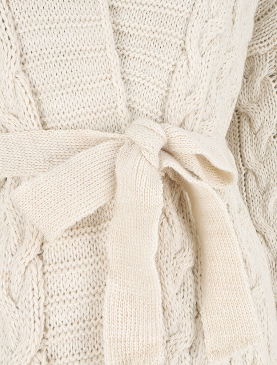 Gilet long uni en maille tressée - Beige - 3