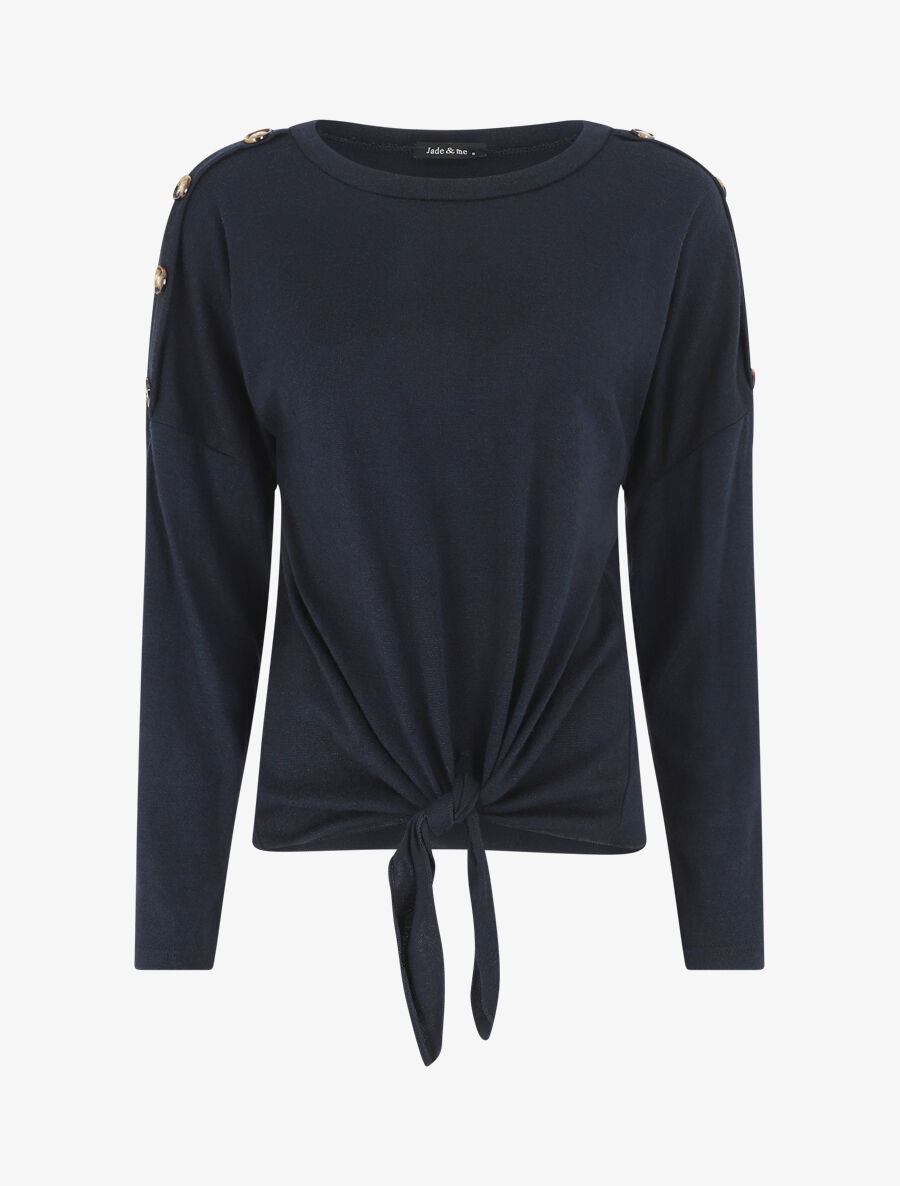 Pull droit uni à noeud et boutons - Marine - 5