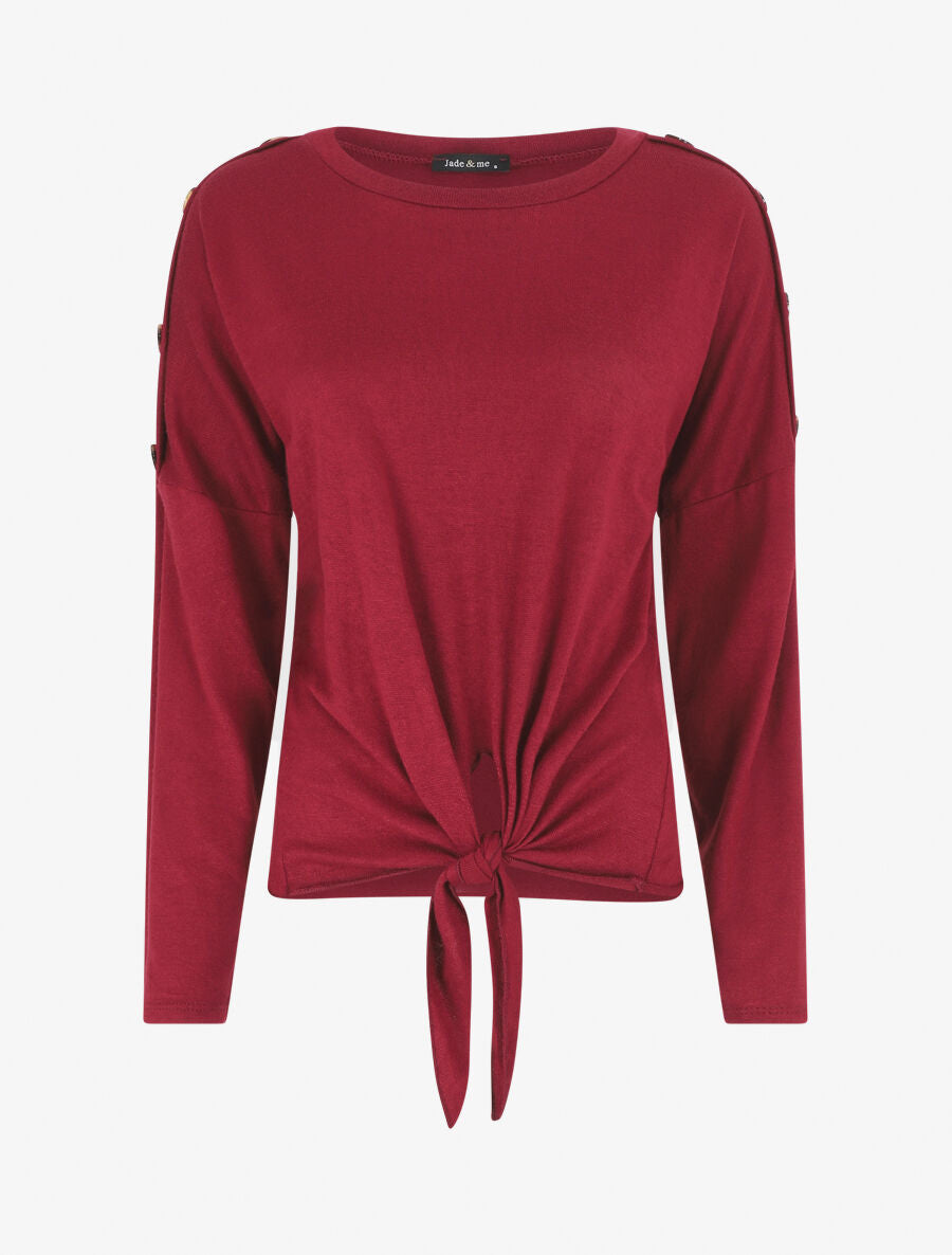 Pull droit uni à noeud et boutons - Bordeaux - 1