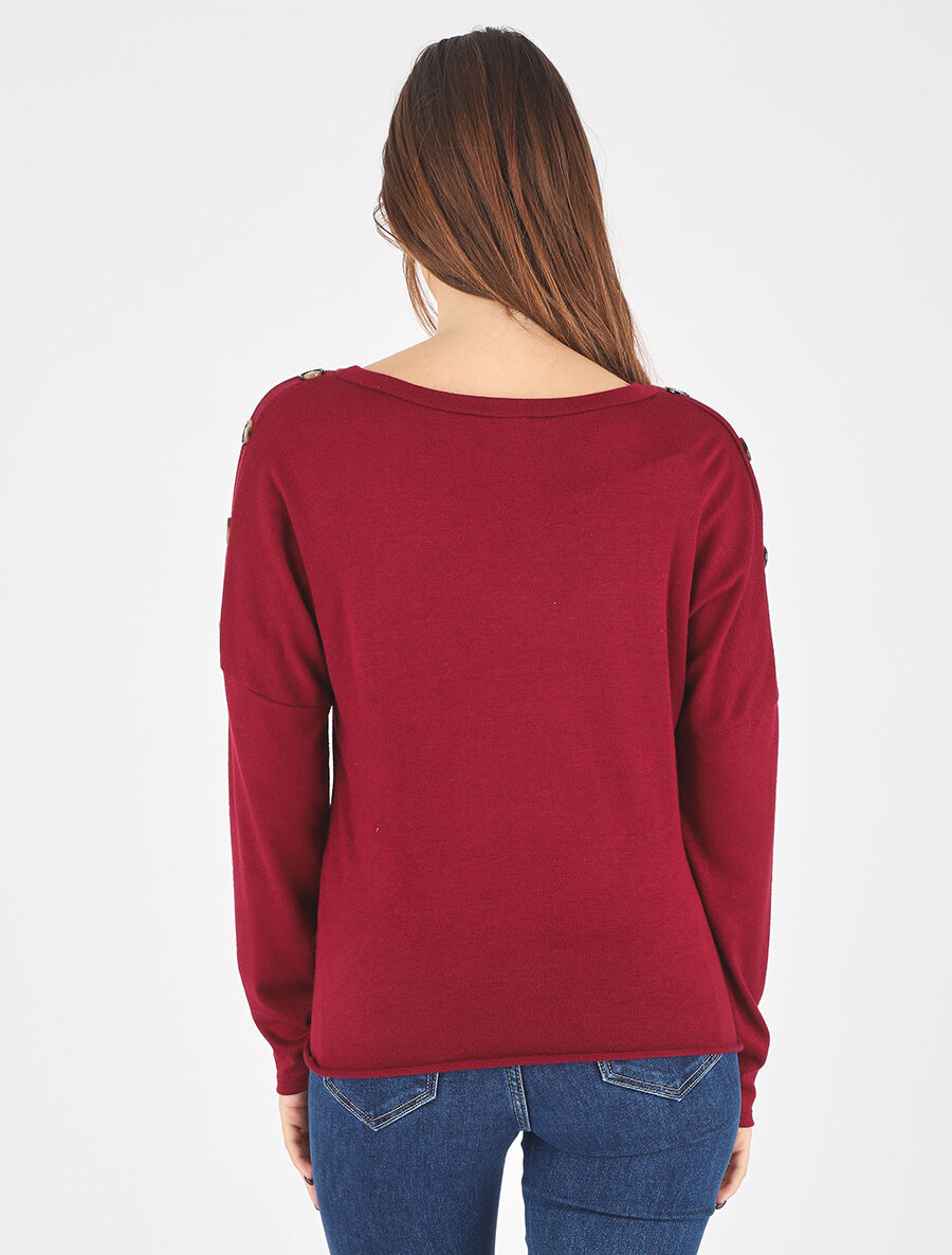 Pull droit uni à noeud et boutons - Bordeaux - 5