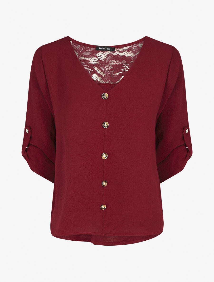 Top droit col V boutonné et dentelle - Bordeaux - 6