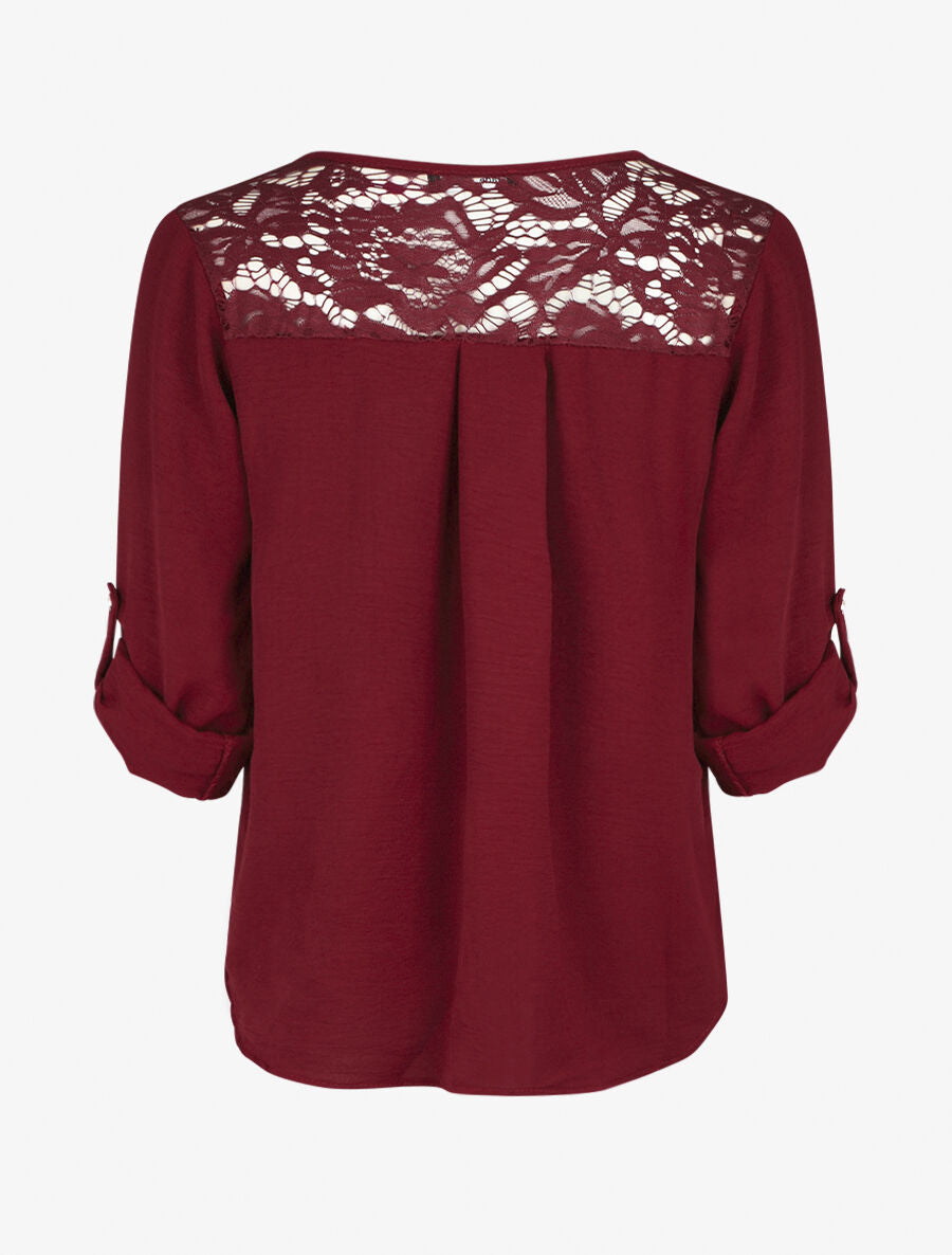 Top droit col V boutonné et dentelle - Bordeaux - 2