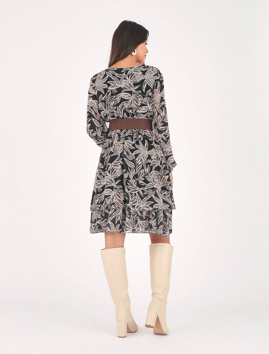 Robe mi-longue motif feuilles - Noir - 5