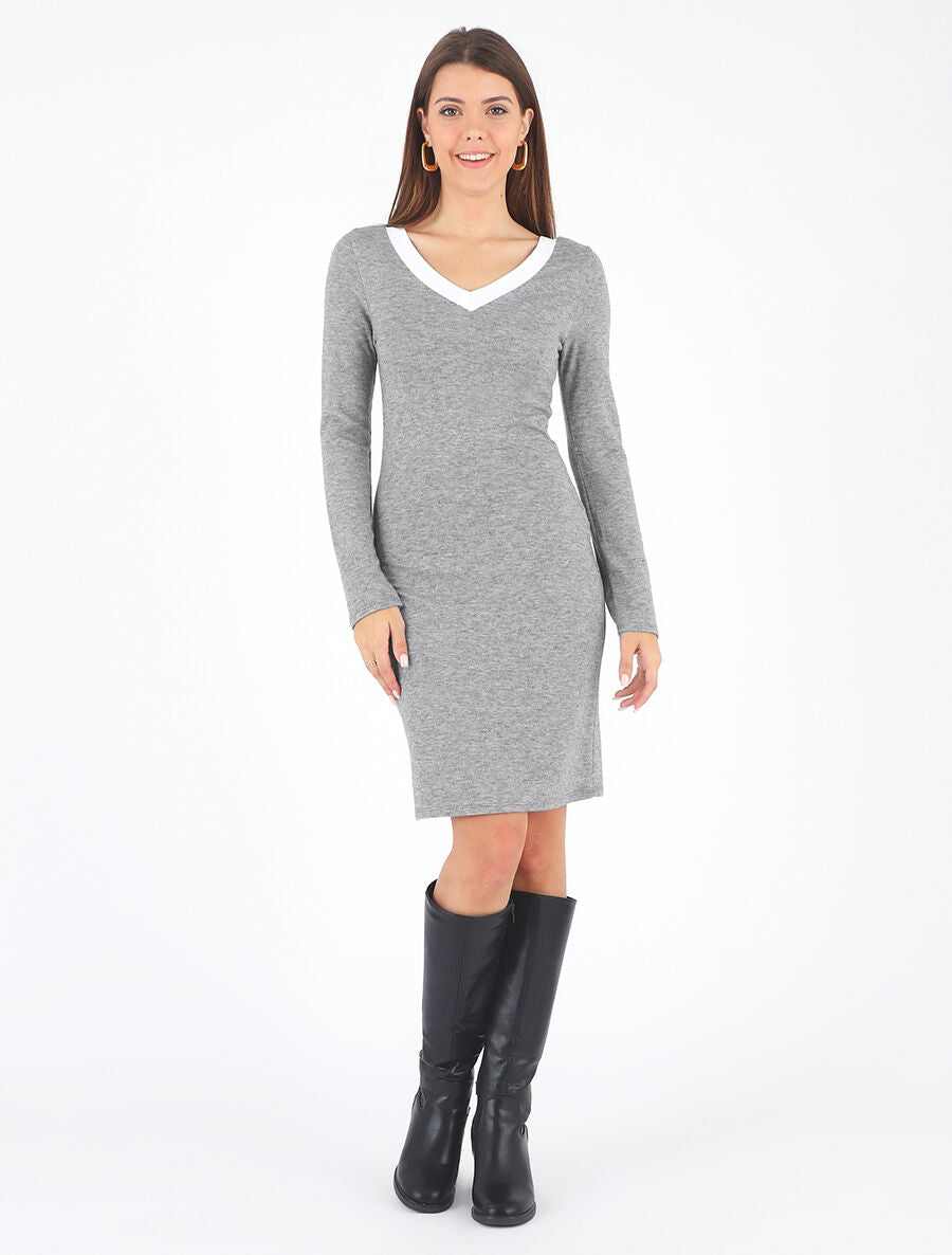 Robe droite mi-longue col V - Gris - 4