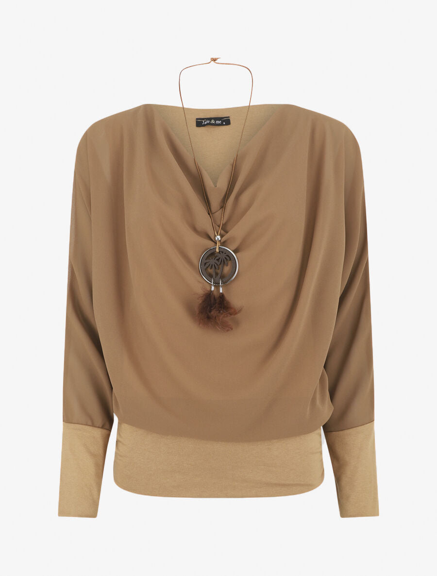 Blouse unie à col bénitier - Camel - 1