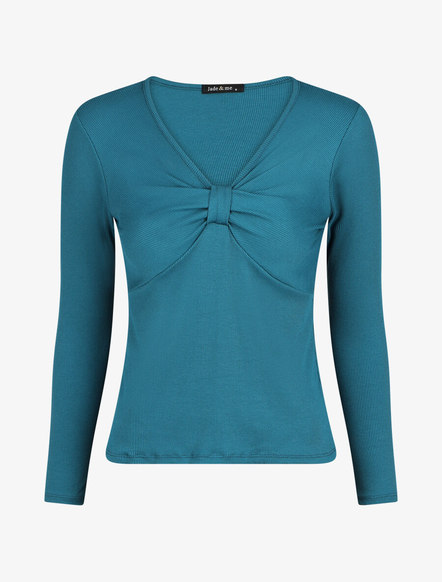 Top ajusté manches longues et noeud - Bleu canard - 1