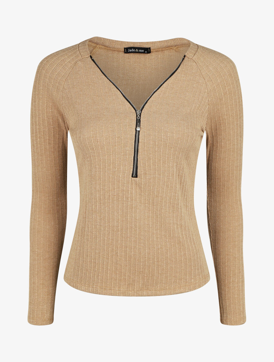 Pull fin droit et côtelé col zippé - Beige - 4